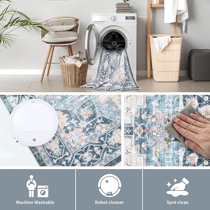 Washable 8×10 Area Rug for Living Room, Vintage Floral Rug Soft Non Slip Stain Resistant Boho Carpet for Indoor Bedroom Dinning Room Home Office Blue/Ivory