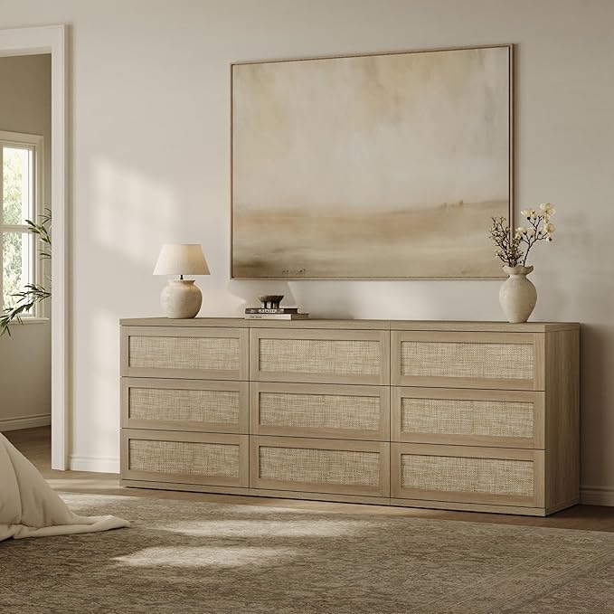 SICOTAS Dresser for Bedroom - 9 Drawer Dresser for Nursery 75" Wide Rattan Dressers & Chests of Drawers Boho Drawers for Bedroom Living Room Clothes Long Closet Storage for Closet Hallway Entryway