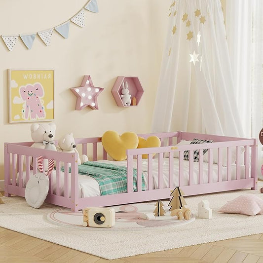 Twin Size Floor Bed for Kids, Wood Montessori Floor Beds with Fence Railings and Slats Support, Twin Playhouse Bed Frame for Boys Girls, No Box Spring Needed, Pink