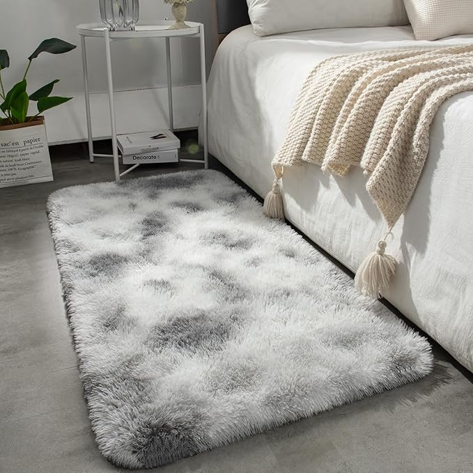 Merelax Fluffy Small Soft Area Rugs for Livingroom, 2x4 Tie-Dyed White Grey Mini Shaggy Throw Rug, Abstract Fuzzy Door Entryway Indoor Inside Front Entrance Dog Mat Accent Home Decor Aesthetic