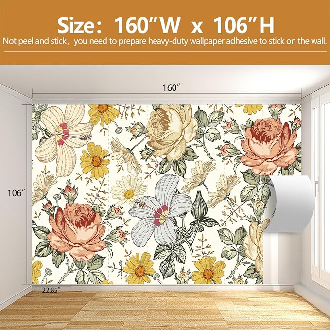 Vintage Floral Wallpaper Pink and Yellow Peony Flower Wall Mural for Living Room Bedroom（Not Peel and Stick）