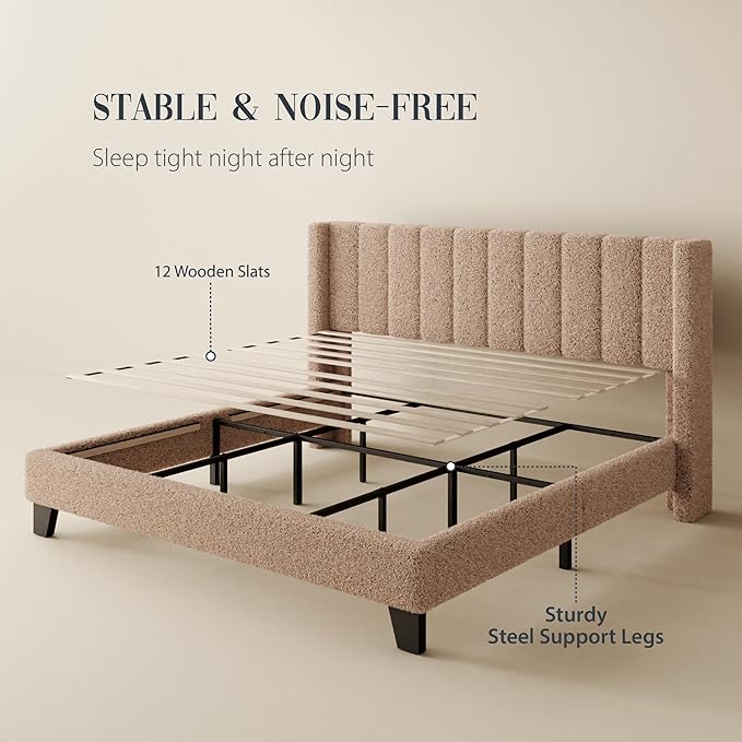 Queen Bed Frame with Headboard Upholstered Platform Bed Frame with Teddy Velvet Headboard, Wooden Slats Support/Wing Edge Design/No Box Spring Needed/Easy Assembly, Brown Queen