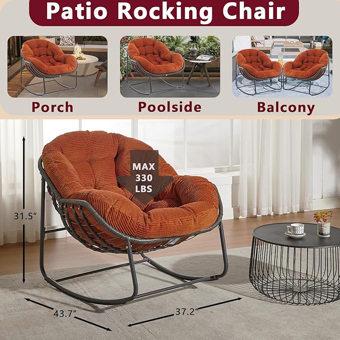Oversized Outdoor Papasan Rocking Chair Set of 2 with Soft Cushion, Comfy Patio Egg Chair, Wicker Lounge Rocker for Balcony/Porch/Garden, Reinforced All Weather Rattan Frame, Burnt Orange