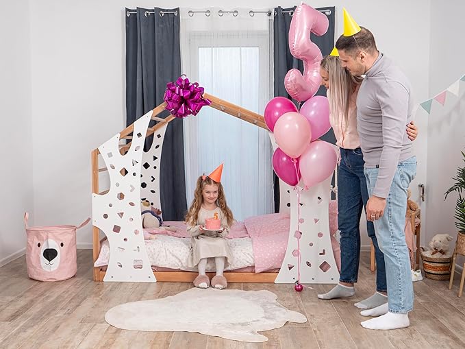 2-in-1 Montessori Bed with Wooden Play Gym for Home Activities, Made in Europe 75 x 38 Twin Floor Bed, 5 Colors Space Saving House Bed Combined with Toddler Gym for Boys&Girls, Water Based Paint Used