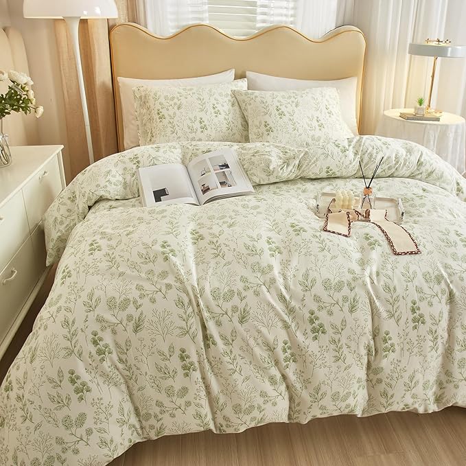 HighBuy 3 Pieces Duvet Cover Twin XL White Duvet Cover with Green Floral Print,Coquette Soft Cotton Comforter Cover Boho Style,Aesthetic Twin XL Bedding Set with Zipper Closure 4 Ties,All Season