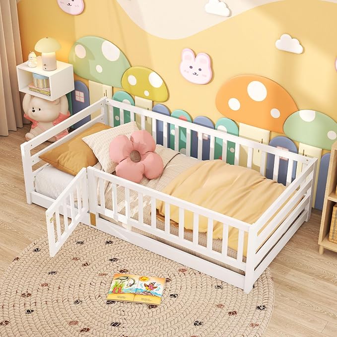 Giantex Twin Floor Bed with High Fence & Door, Montessori Floor Bed with 21.5" Safety Guardrails, Solid Wood Twin Beds Frame for Kids Girls, Boys, Without Slats, White