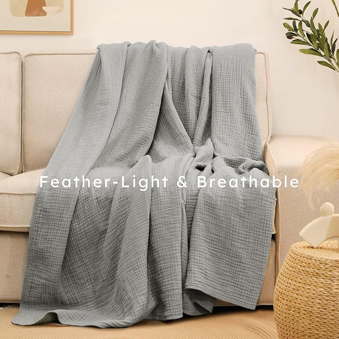 100% Cotton Muslin Blanket Queen Size 90" x 90" for Bed Couch Summer Gauze Blanket for Adults Lightweight and Breathable Grey