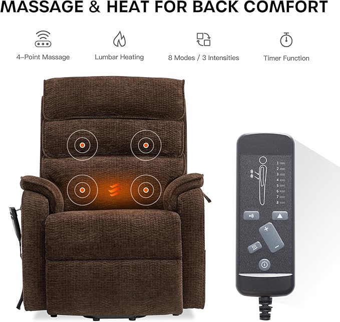 DYNOX 350 LBS Power Lift Recliner Chair for Elderly, Medium Size Dual Motor Lay Flat Infinite Positions Recliner with Heat & Massage(9188,Chenille,Brown)