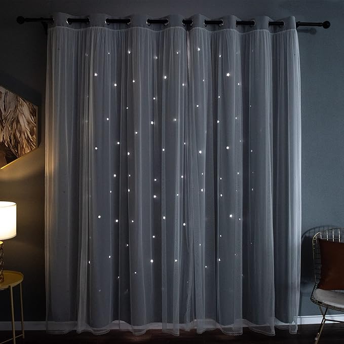 Kinryb Kids Star Cutout Curtains for Bedroom/Living Room/Classroom,2 Free Tiebacks Sheer Overlay 95 Inches 2 Panel Set, Double Layer Curtains for Kids Room(W52xL95 Inches,Greyish White 2 Pcs)