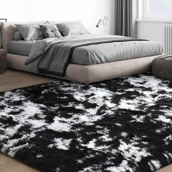 EVOIONOS Area Rug for Living Room Bedroom, Washable 6x9 Fluffy Shag Large Rug, Soft Plush Non Slip Carpet for Indoor Floor Bedside Nursery Kids Room, Home Decor Aesthetic, Tie-Dyed Black and White