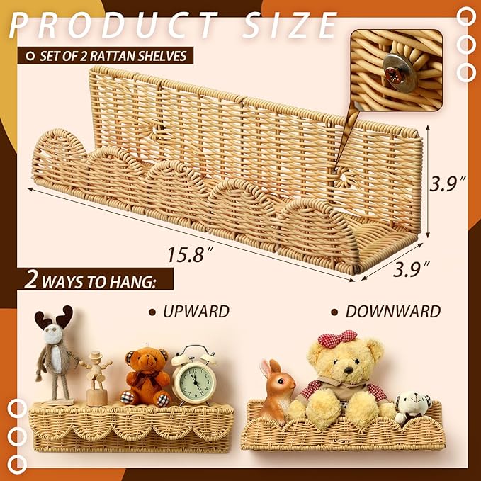 Pinkunn 4 Pcs Nursery Book Shelves 15.8 Inch Rattan Scalloped Floating Bookshelves Wicker Boho Book Shelf for Wall Mounted Decor Nursery Rooms Hanging (Classic)