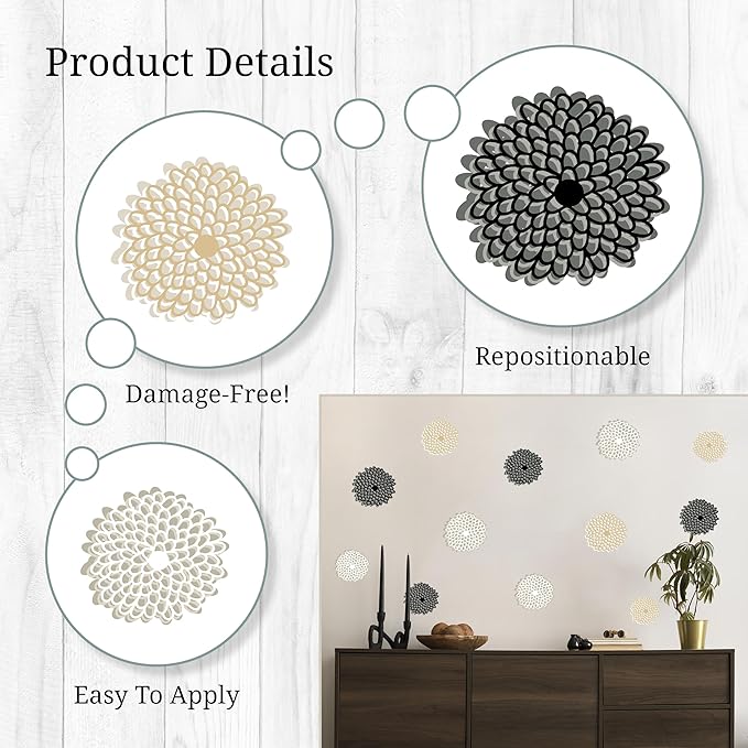 Decalcomania Zinnia Flower Wall Decals - Set of 20 Black Tan Floral Wall Stickers for Living Room Nursery Bedroom Bathroom Decor Removable Peel and Stick Indoor Wall Decor Robin Zingone