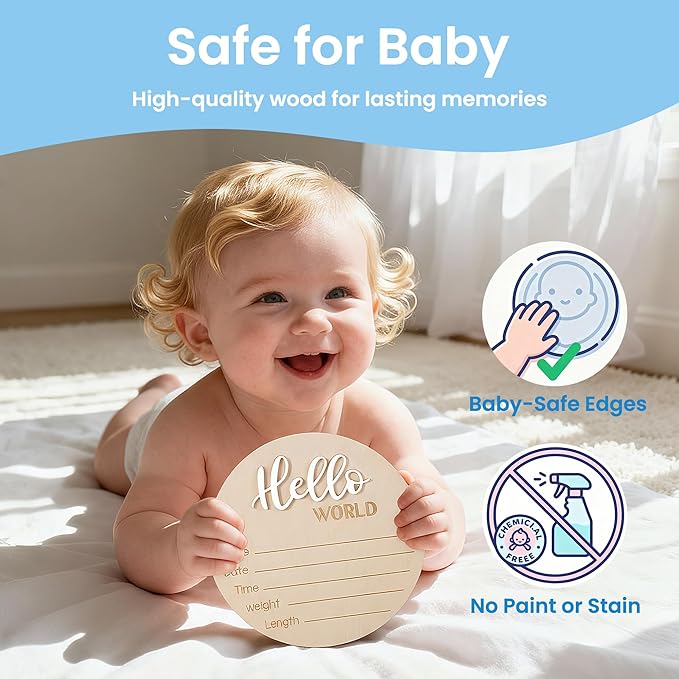 Baby Announcement Sign with Pen, 5.9 Inch Wooden Hello World Newborn Sign for Hospital, 3D Birth Announcement Board, Welcome Baby Name Signs for Nursery, Newborn Gift for Boy & Girl, White