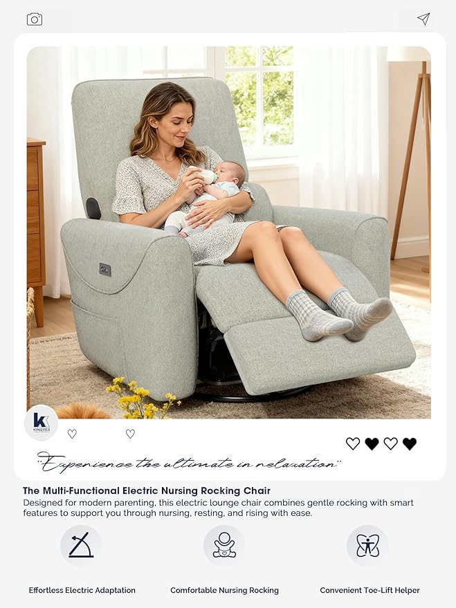 KINGYES Nursery Rocking Chair, Glider Rocking Chair for Nursery, 270° Swivel Glider, Bluetooth Speaker & USB-C Port, Fabric Nursery Recliner Sofa, Gray