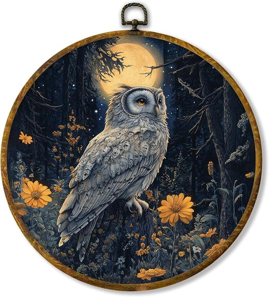Hiuwevt Moonlight Floral Owl Round Wall Art Decor, Dark Academia Cottagecore Framed Canvas Prints, Whimsical Gothic Owl Round Wall Hanging Decor for Office Home Room Decorations, 10x10 Inches