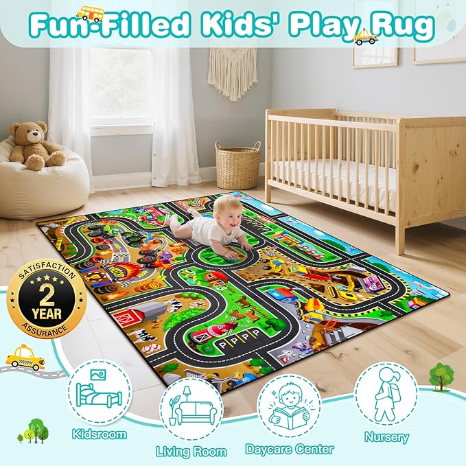 Kids Rug, 5x7 FT Non-Slip Monster Truck Play Rug, Extra Thick (0.4in), Educational LearningTraffic Road Car Carpet for Nursery, Classroom, Playroom & Bedroom