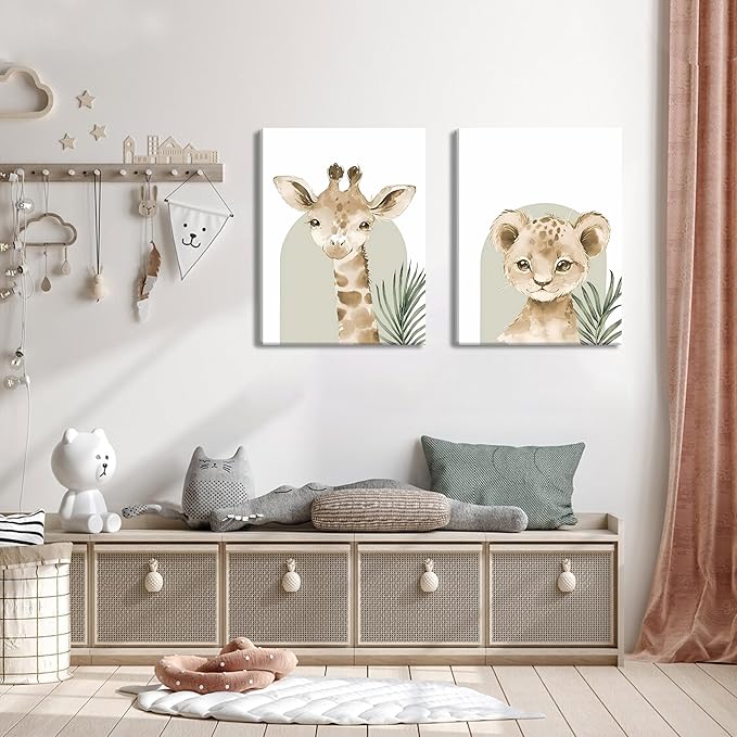 Nursery Wall Decor Set of 3, Cute Animal Lion Elephant Baby Pictures Poster Prints, Giraffe Jungle Canvas Wall Art Woodland Nursery Decor for Boys Girls Room Decoration 12x16 inch Framed