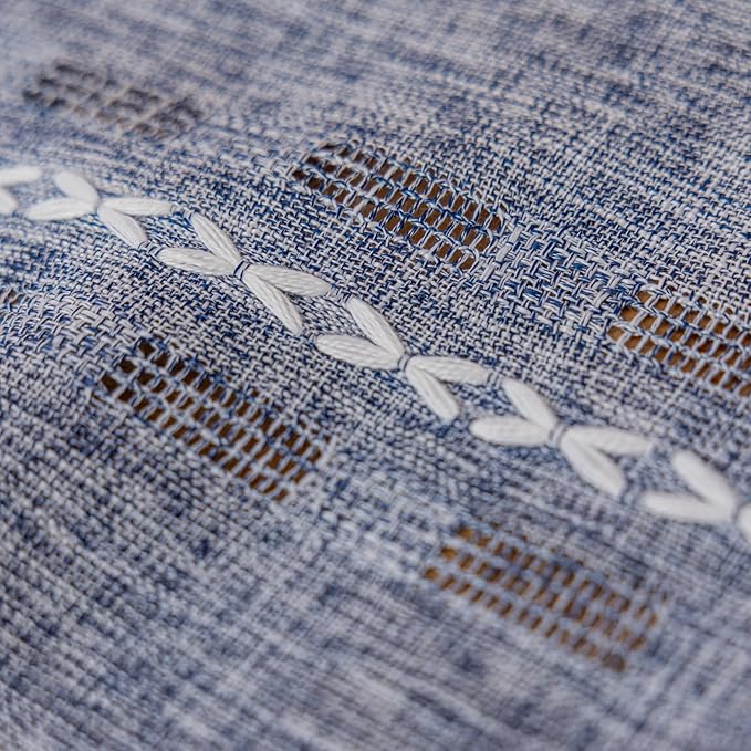 Deeprove Denim Blue Boho Curtain 84 inches Length for Bedroom Dining Room, Western French Bohemian Sheer 84 inches Long Stripe Embroidery Privacy Window Tassel Cottagecore W52 x L84, 1 Panel