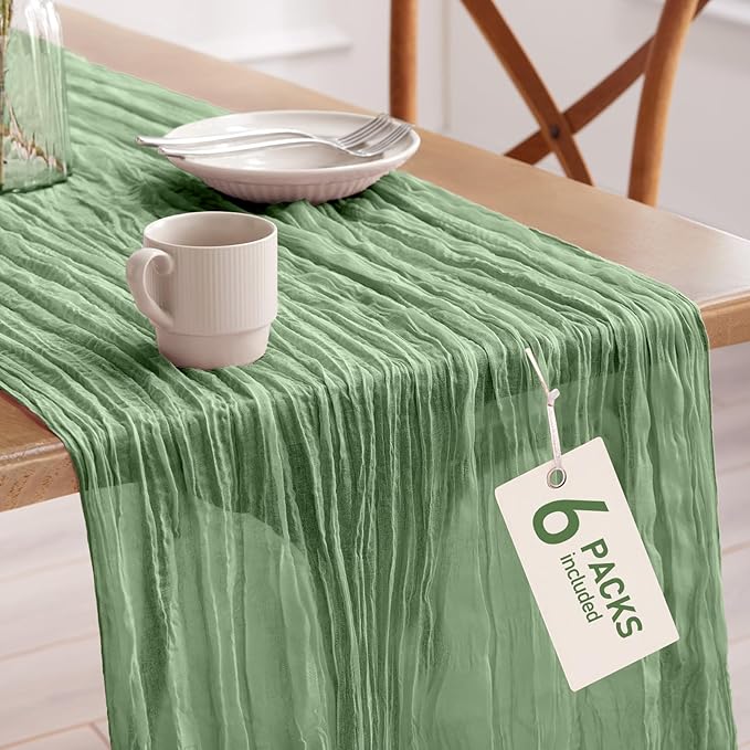 Pureegg 6-Pack Cheese Cloths Table Runner, 120'' Boho Table Cloth Decorations for Party, Baby Shower, Wedding and Farmhouse, Fabric Room Decor, Sage Green