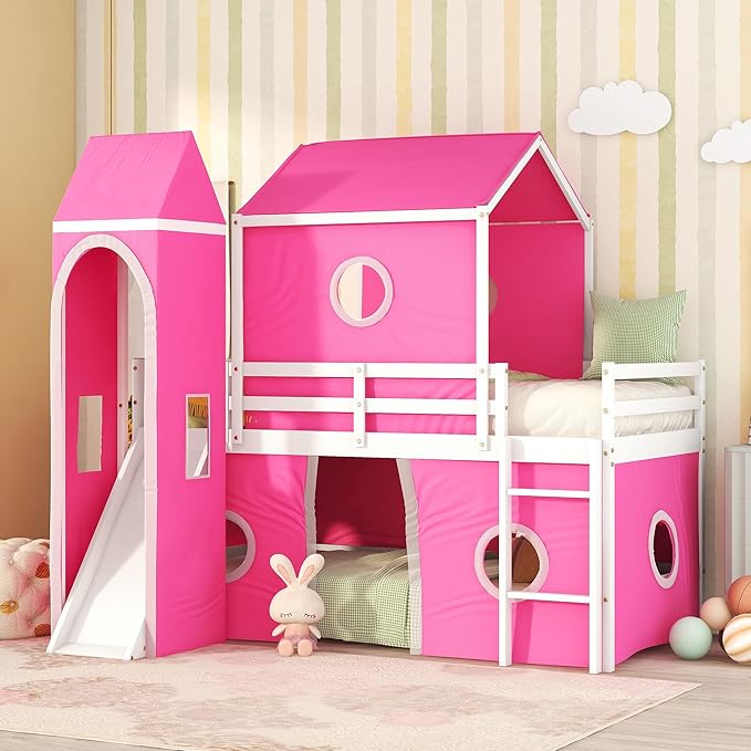 Playhouse Design Twin Size Low Loft Bed with Slide & Tent and Tower, Solid Wood Tent Bed Frame for Kids Boys Girls, Versatile Spacious Under Bed Space with Curtains (Pink-TW)