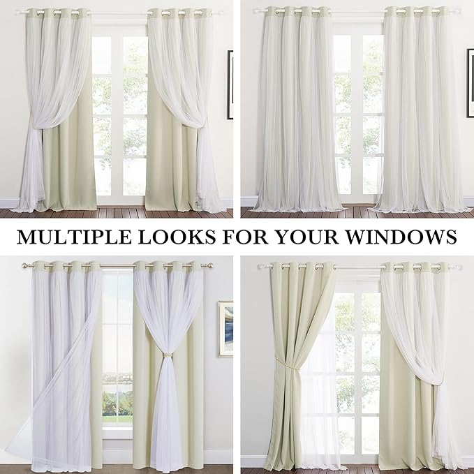 PONY DANCE Double-Layered Curtains - Blackout Curtains 63 Inch Length, Grommet Top Design White Sheer Panels for Bedroom/Living Room (W52xL63, Beige, One Pair, with Free Tie-Backs)