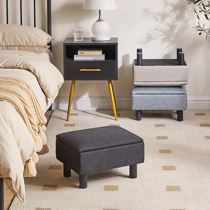 IBUYKE Storage Ottoman Footrest Stool with Linen Fabric, Rectangular, Flip Top Lid, Non-Slip Feet, Compact Design, Stylish and Functional, Black RF-BD220