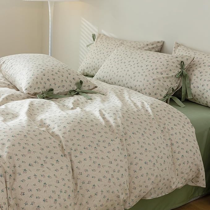 HighBuy Girl Duvet Cover Twin Floral Bedding Boho Soft Cotton Coquette Bedding Comforter Cover Twin with 2 Bowknot Bow Tie Pillowcases,Vintage 3 Pieces Cute Flowers Bedding Set Ultra Soft