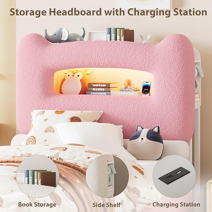 GarveeHome LED Twin Bed Frame with 2-Tier Storage Headboard, Upholstered Platform Bed with Charging Station and Drawer for Kids/Girls/Boys, Heavy Duty Metal Support, No Box Spring Needed, Pink