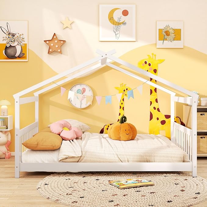 Giantex Full Size Floor Bed, Solid Wood Montessori House Bed with Roof, Headboard and Footboard, Low Full Bed Frame for Kids Teens Girls Boys, No Box Spring Needed, White