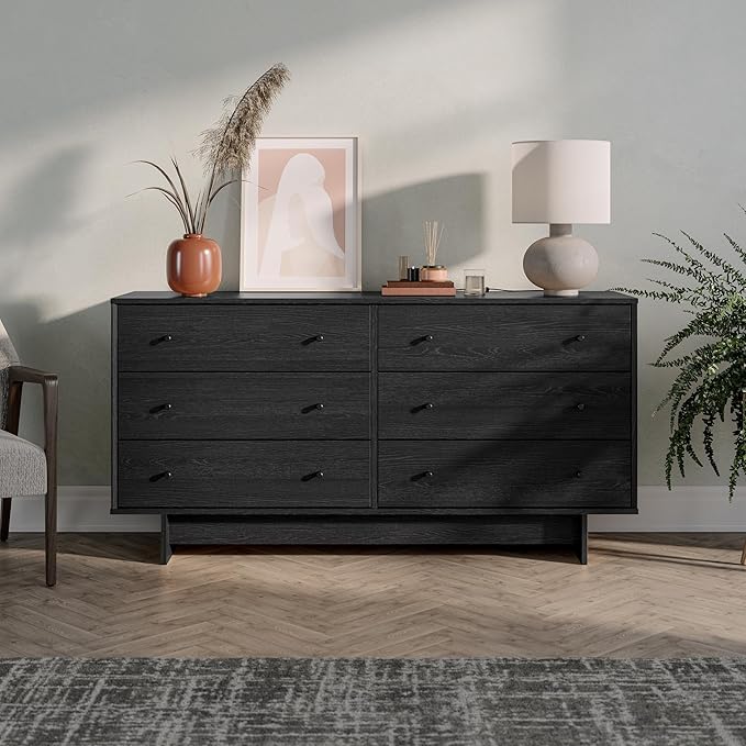 Prepac Finnley 6-Drawer Dresser in Black Oak, Dresser for Bedroom, Extra-Wide Chest of Drawers with Storage, Modern Clothing Organizer for Home, Bedroom, Living Room, 16" D x 61" W x 31" H