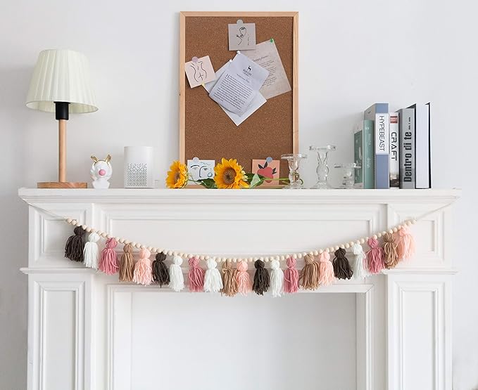 Decocove Tassel Garland - Boho Tassel Garland with Wood Beads - Wall Decor for Dorm, Girls Room and Nursery Room (50 inch)