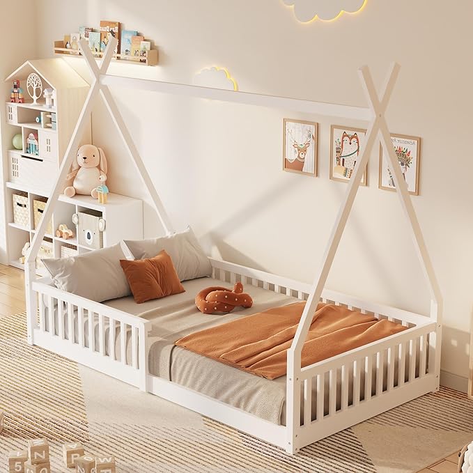 Merax Twin Size House Platform Frames Bed Floor Bed with Fence for Boys or Girls, No Box Spring Needed(Slats Kit Included), White