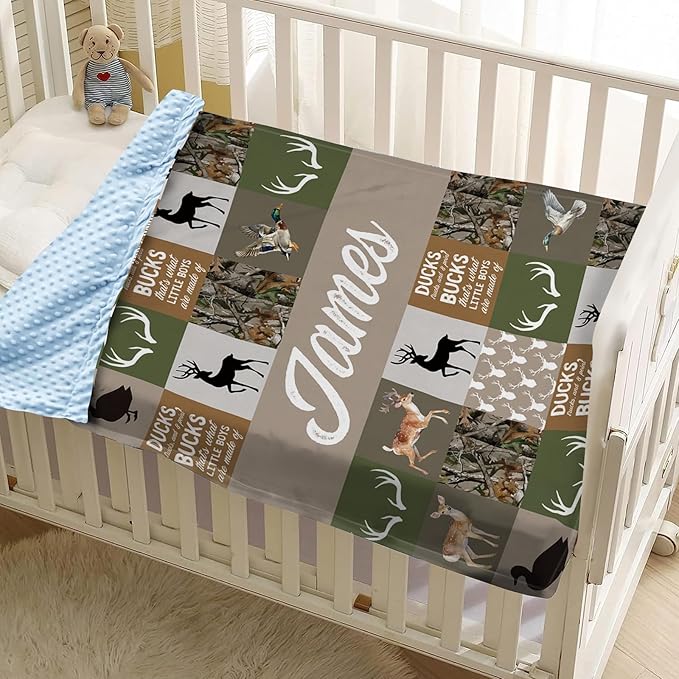 Personalized Baby Blankets for Boys Girls, Custom Name Multi-Grid Deer Baby Blanket, Soft Receiving Blanket for Newborns and Toddlers, Ideal for Baby Showers and Nursery Decor