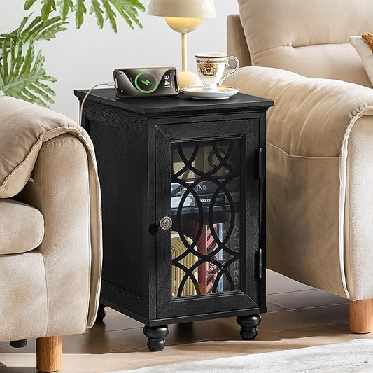Narrow Side Table with Charging Station, Night Stand with Glass Door, Bedside End Tables with Adjustable Shelf Storage Cabinet,Wood Nightstand for Small Spaces Living Room Bedroom