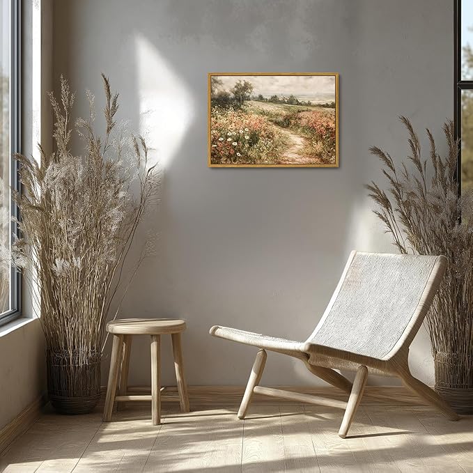 OIQArtOIQ Framed Canvas Wall Art,Vintage Decor,Landscape Nature Country Wildflower Paintings Farmhouse Pictures Modern Artwork Rustic Fall Flower Prints Cottagecore Office Living Room Bedroom Bathroom