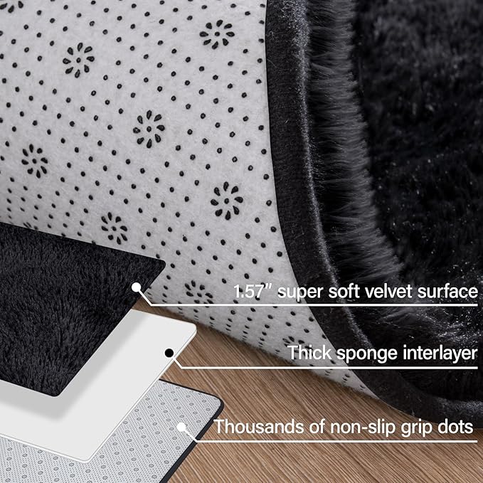 Merelax Soft Modern Indoor Large Shaggy Rug for Livingroom Bedroom Dorm Kids Room Home Decor, Non-Slip Plush Fluffy Furry Fur Area Rugs Comfy Nursery Accent Floor Carpet 9x12 Feet, Black