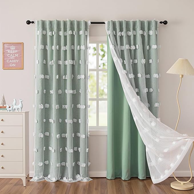 MYSKY HOME Kids Curtains for Boys Bedroom 72 Inches Long Room Darkening Double Layer Drapes for Son Room Decor White Pom Pom Sheer Back Tab Blackout Curtain 2 Layers Aqua 52 x 72 Inch 2 Panels