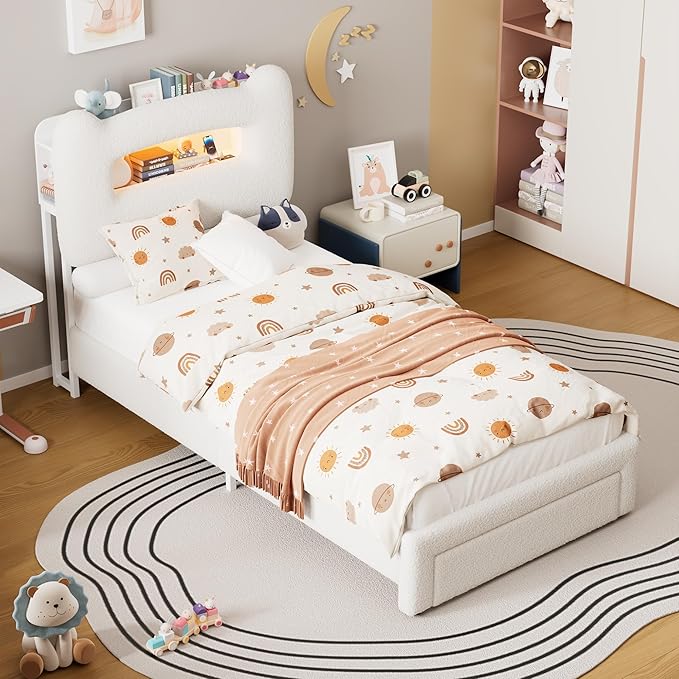 GarveeHome LED Twin Bed Frame with 2-Tier Storage Headboard, Upholstered Platform Bed with Charging Station and Drawer for Kids/Girls/Boys, Heavy Duty Metal Support, No Box Spring Needed, Beige