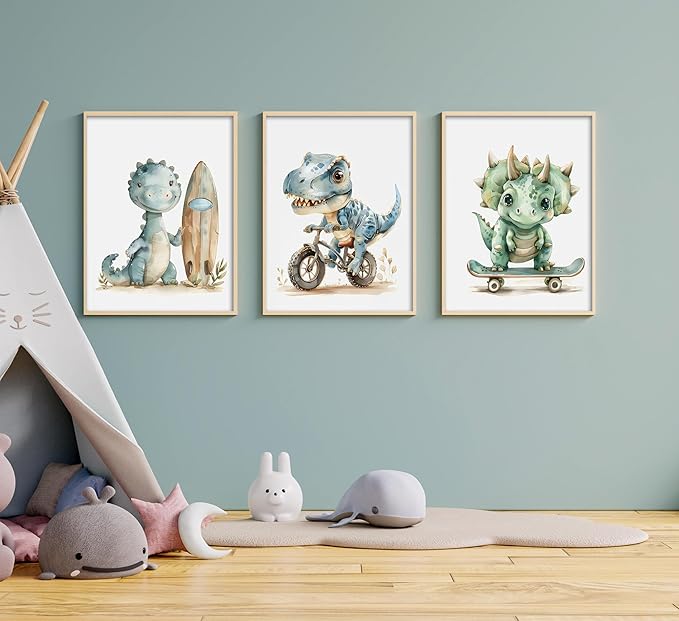 Funny Dinosaur Nursery Canvas Wall Art Surfing Skateboard Riding Dinosaur Painting Picture Wall Decor Sport Nursery dinosaur Print Artwork Poster Print Artwork for Boys Room Girls Room Home Decoration
