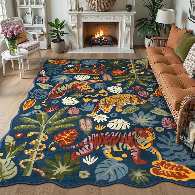 LEEVAN 5x7 Animal Area Rugs Washable Blue Tiger Living Room Rugs Non Slip Scalloped Tiger Bedroom Rug Low Pile Leopard Nursery Floor Carpet Jungle Leaf Print Kids Rug