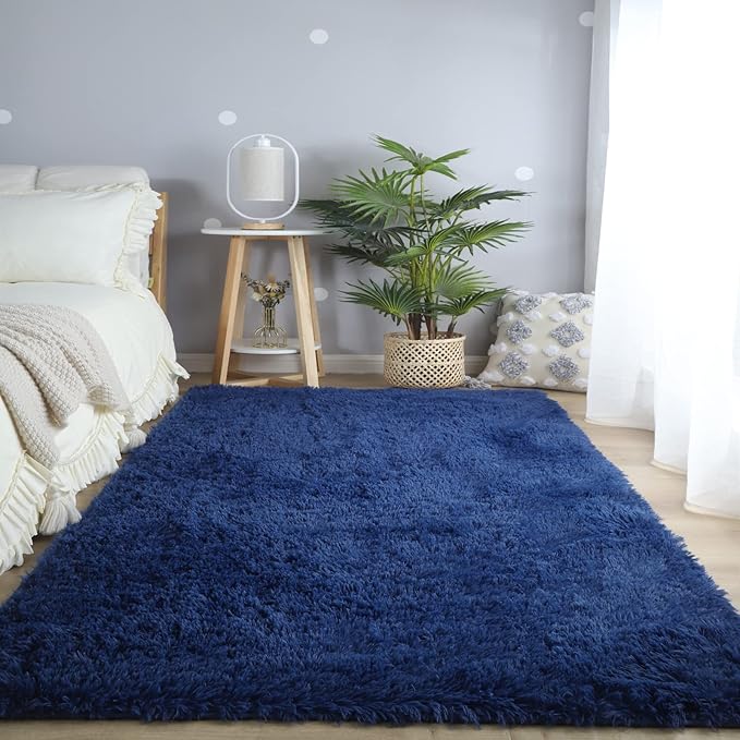CAIYUECS Blue Area Rug for Living Room: Indoor Ultra Soft Shag Plush Rugs for Bedroom - Non-Skid Modern Nursery Faux Fur Rugs for Kids Room Home Decor (8x10 Feet, Navy Blue)