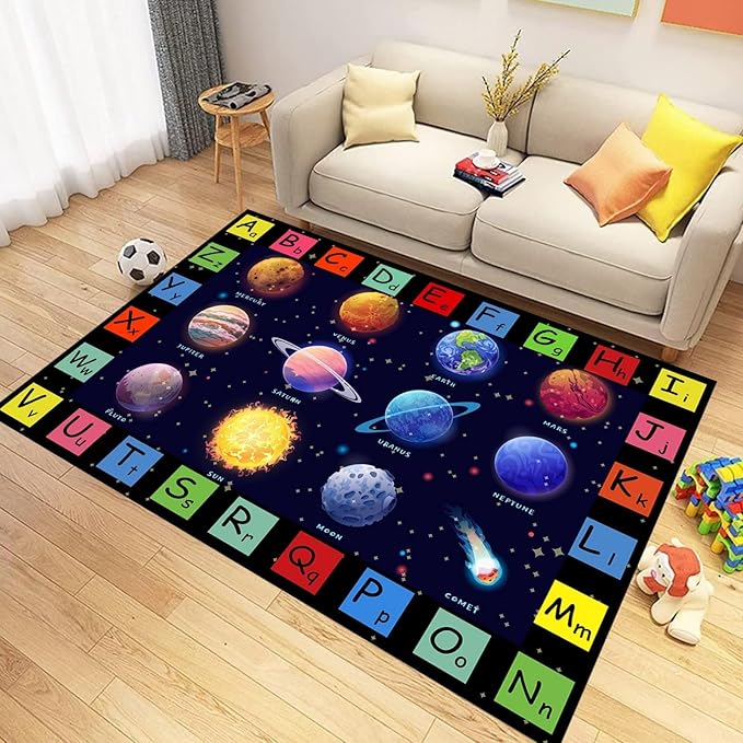 Solar System Planet Rug for Children's,5x6ft,Room Cartoon Space Playmat Rugs Preschool Education ABC Mat Low Pile Foldable Easy Clean Kids Mats Floor Playroom