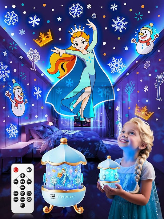 Snow Night Light for Kids, 15 White Noise+16 Films+336 Colors Star Projector for Kids, 360°+Remote+Cordless Baby Night Light Projector, Princess Toys for Girls Room Decor Light Up Christmas Decor