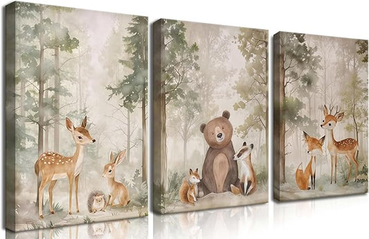 Nursery Canvas Wall Art Set of 3 - Woodland Wild Animals Bear Fox Deer Watercolor Paintings Pictures Wall Decor, Forest Animal Decor for Boys Girls Room Decoration 12x16 inch Framed
