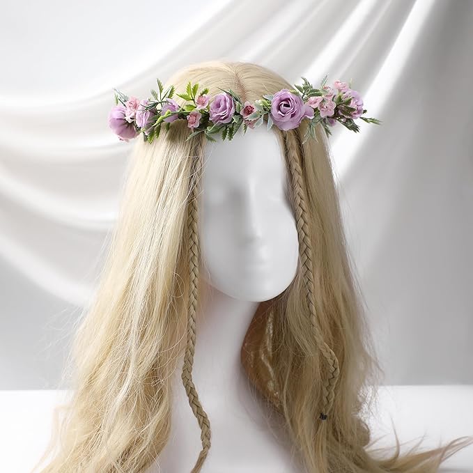 Purple Flower Crown - Traditional Round Rose Headband Elegant Headpiece Purple Flowers And Green Leaves Accessories Renaissance Festival Birthday Party Headband Wedding Shoot