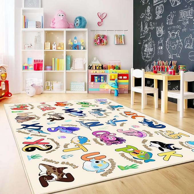 Kids Playroom Rug, 7x9 Feet Educational Rug for Learn The ABC Alphabet, Soft Machine Washable Non-Slip Cute Marine Organisms Carpet for Classroom Toddler Nursery Kids Room Decor, Beige