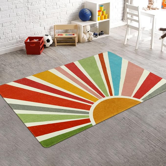 STARUIA Boho Washable Rug 3'x5' Kids Area Rug for Playroom, Colorful Kids Rugs for Bedroom, Non-Slip Throw Sun Carpet Soft Small Sunshine Rugs for Office Nursery Entryway Dorm