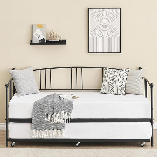 GarveeHome Daybed with Trundle, Sturdy Metal Day Bed with Steel Slat Support, Trundle Bed Twin with Arched Headboard, SofaBed for Living Room, Bedroom and Guest Room, Black