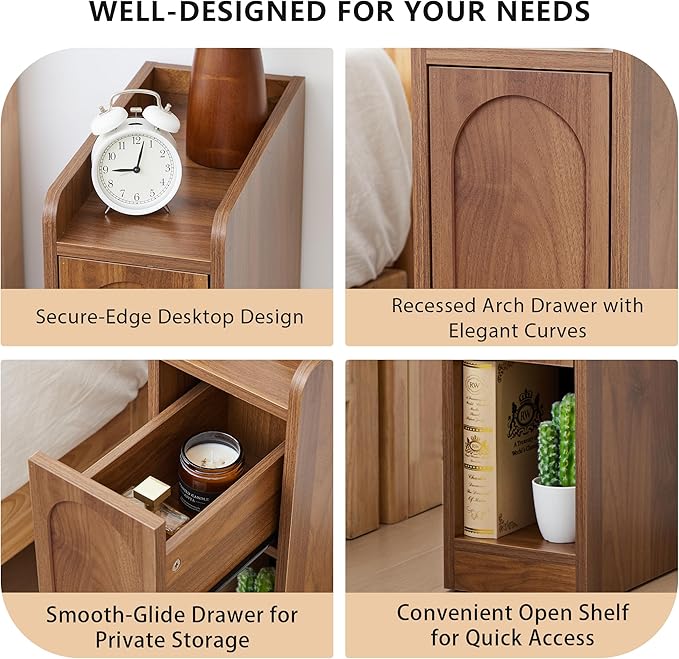 Narrow Nightstands Set of 2, Slim Bedside Tables with Raised Edge Top, Arched Drawer & Open Shelf, Modern Wooden Small End Tables for Bedroom Small Spaces (2, Walnut)
