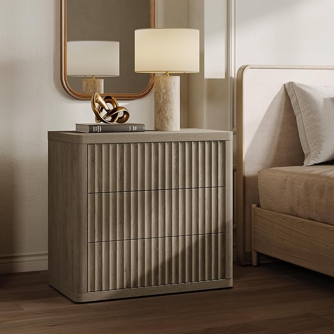 SICOTAS Night Stand Set 2 - Oversized Extra Large Bedside Table Modern Side Table with Storage Fluted 3 Drawer Nightstand 27.5" W End Tables Dorm Room Nightstands for Bedroom Sofa Couch Home Office